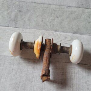 Vintage Porcelain & Metal Door Knob Set With Rusted Hardware Restoration Decorat